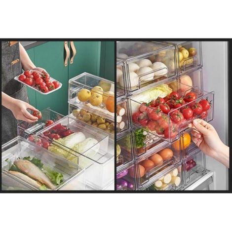 Bac de Rangement - Empilable avec Tiroir Coulissant - Pour Réfrigérateur Congélateur Cuisine Garde-manger - 33,5 x 12,5 x 11 cm - 1 Pièce (1/4)