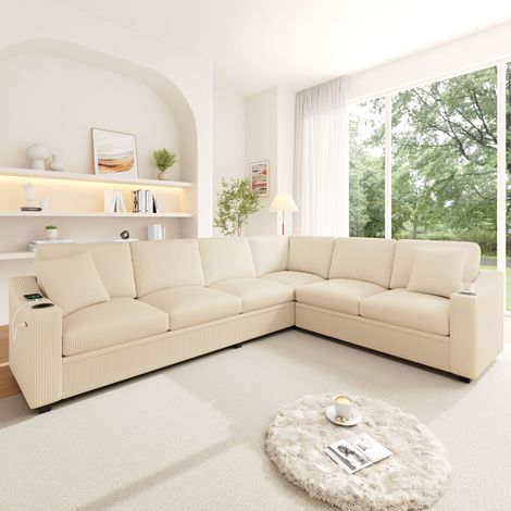 DESMIU Canapé d'angle Modulaire 6 Places avec USB Type-C, Porte-Gobelets et Coussins en Velours Côtelé Beige (1/5)