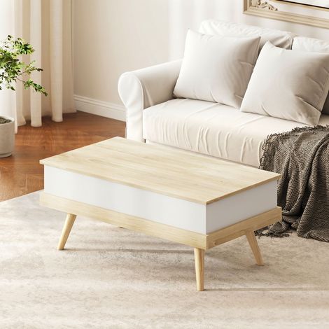 Table Basse Relevable avec 3 Compartiments Cachés, Table de Salon Moderne, Pieds en Bois, 100x79x54cm, Naturel Blanc (1/5)