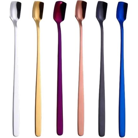 Cuillères à café - Lot de 6 - Acier inoxydable - Longue poignée - Colorées - Compatibles lave-vaisselle (1/4)