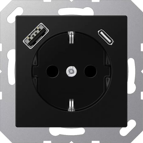 Jung SCHUKO Steckdose 16 A 250 V , mit USB-Ladegerät 1 x Typ A + 1 x Typ C, integrierter erhöhter Berührungsschutz, (1/2)