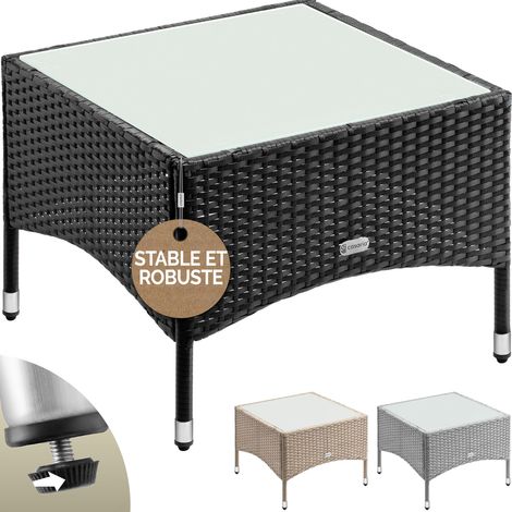 Casaria – Table de jardin en polyrotin tressé – Plateau en verre de sécurité 5mm – Dimensions 58x58x42cm – Résistante aux UV et aux intempéries