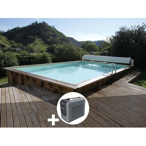 Ubbink – Piscine bois hors sol rectangulaire 6,5 x 3,5 m – Hauteur 1,4 m – Liner gris – Filtration à sable incluse – Échelle et escalier en bois