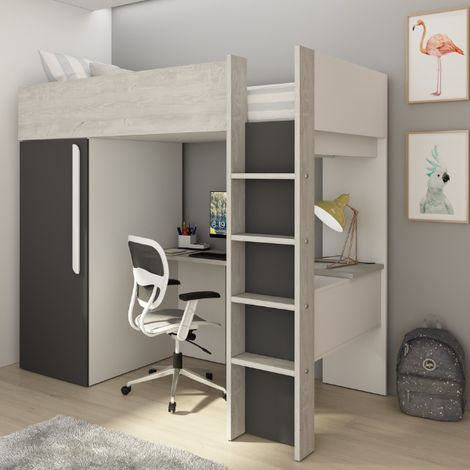 Lit mezzanine 90 x 200 cm avec armoire et bureau – Coloris : Naturel et anthracite - NICOLAS