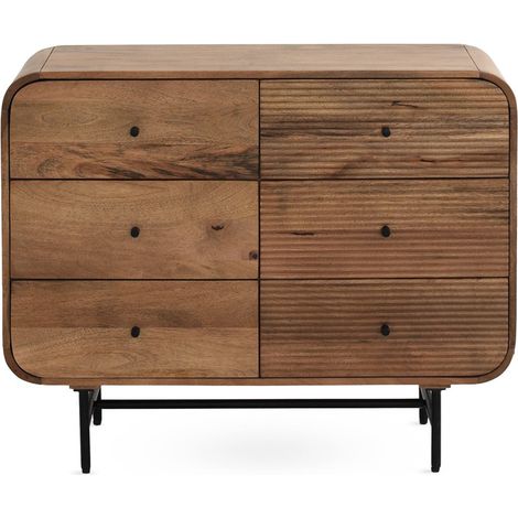 Commode aux lignes courbes, 6 tiroirs, bois de manguier massif, pieds en métal noir (1/5)