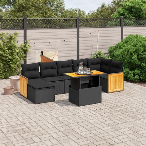 Ensemble Salon Jardin 8 Places Noir Résine Tressée avec Coussins - Table Réglable Housse Lavable (1/3)