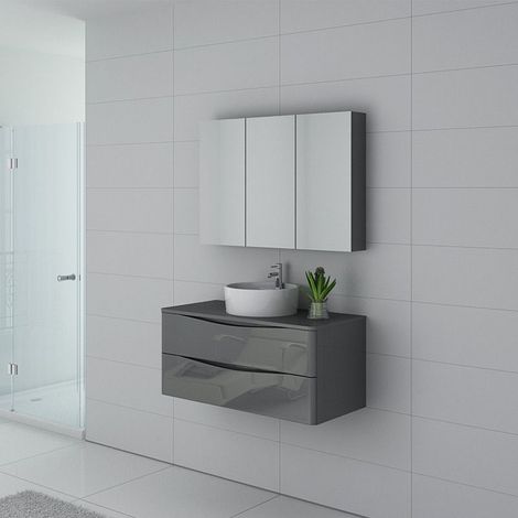 Distribain – Ensemble meuble de salle de bain simple vasque 100 cm – Armoire de toilette 3 portes miroirs – Vasque ronde céramique blanche – Gris taupe brillant (1/4)