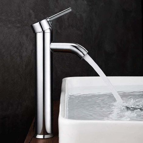 Grifo para lavabo con mezclador alto, ajustable para agua fría y caliente, latón cromado (plateado gray). (1/4)