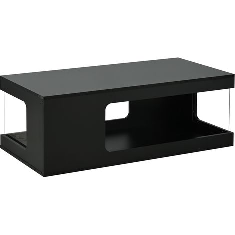 Table basse de salon 50 x 100 x 35 cm, table à thé ajourée, grande table basse brillante avec rangements en verre trempé des deux côtés, table d’appoint avec bande lumineuse LED, noire, panneau de par (1/5)