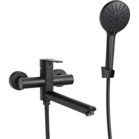 Robinet Baignoire Mural avec Douchette, Robinet Noir Mitigeur pour Salle de Bains en Acier Inoxydable Bec Rotatif à 90° PTBB13E (1/5)