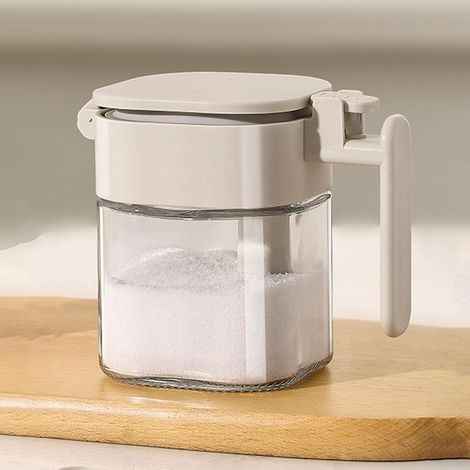 Boîte de rangement pour épices – pot à épices en verre avec cuillère et couvercle hermétique, compartiment unique, pour plan de travail de cuisine, stockage du sel ou du sucre, avec joint d’étanchéité