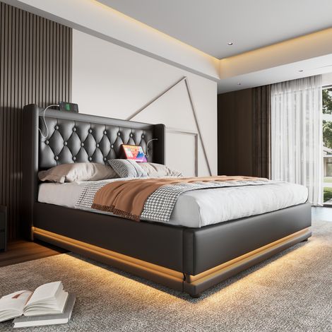 Bett Doppelbett Stauraum 140x200 PU mit LED Schwarz OKMYHOME (1/5)