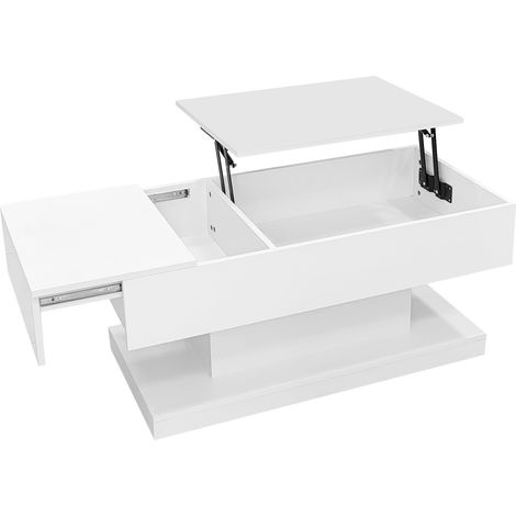 Table basse relevable brillante à LED 100x50x45 cm avec éclairage LED – plateau relevable à moitié et design coulissant latéral, levage hydraulique et espace de rangement (1/5)