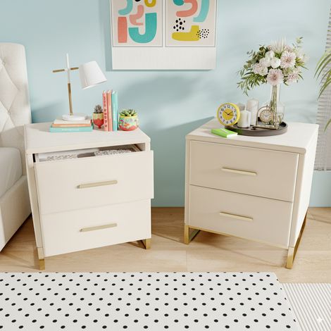 2-teiliges Nachttisch-Set - Beige Samt - mit 2 Schubladen - Minimalistisches Design - Goldene Griffe - Leicht zu Reinigen - Eleganter Schlafzimmer-Stil