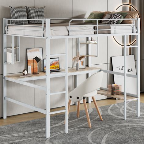 Cama alta de metal blanco 90x200 cm con escritorio, 4 estantes y librería, somier de láminas incluido (1/5)