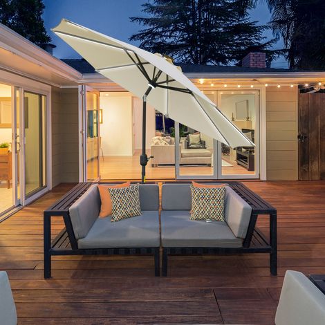 Parasol de jardin Ø 270 x H 245 cm avec ouverture à manivelle et fonction d'inclinaison, éclairage LED et panneau solaire, blanc crème (1/5)