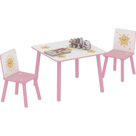 Table enfant avec chaise, ensemble table et 2 chaises enfant en bois, motifs d'étoile, 60 x 60 x 44 cm, rose (1/5)