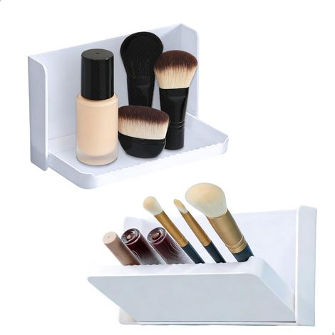Etagere Murale Sans Percage, Etagere Murale Blanche, Tablette Murale Rabattable avec Dos Adhésif, Peut être Utilisé en Angle ou Posé à Plat Verticalement, Convient pour les Coiffeuses, 2 Pièces, Blanc (1/5)