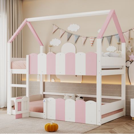 Letto a castello per bambini 90x200 cm, design a casetta, sponde di sicurezza rialzate, legno, rosa bianco (1/5)