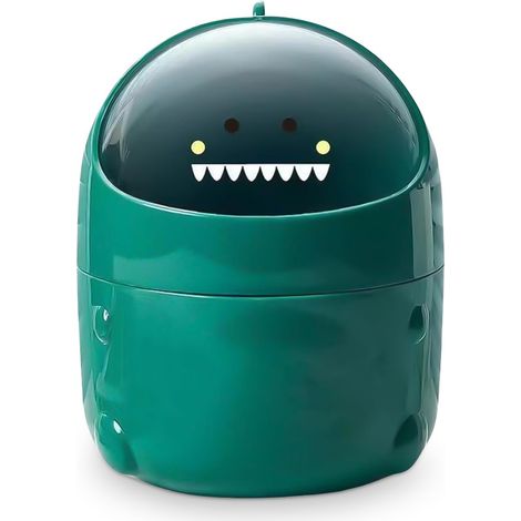 Mini poubelle de table avec couvercle - Motif dinosaure - Jolie corbeille à papier -Boîte de rangement pour bureau- Vert (1/5)