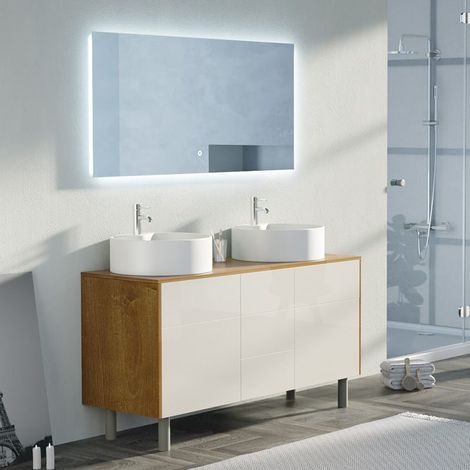 Distribain – Meuble double vasque 140 cm sur pieds – 2 vasques rondes en céramique blanc mat – 5 tiroirs et 2 placards – Système Push-open (1/5)