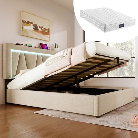Lit double 140x200 Beige , rangement, tête de lit rembourrée LED et USB-C, lin, sommier lattes (avec matelas) (1/5)