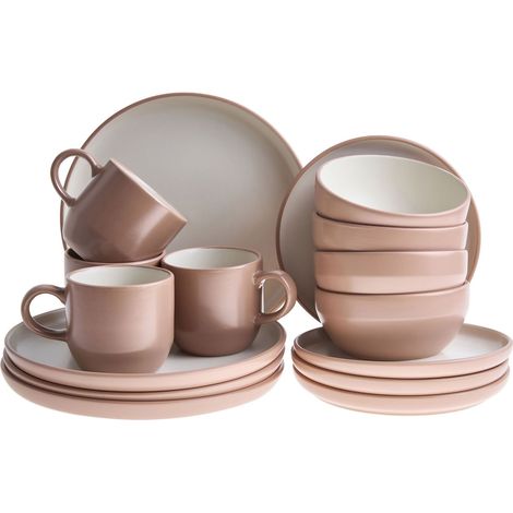 16-Piece Dinnerware Set Brown Stoneware Elegant Kitchen Dining Room Color Glaze Finish For 4 People NUTMEG