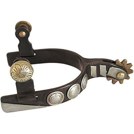 Speroni Western da bambino in ferro nero largo con borchie tonde e argenti laterali e con rotella colore ottone