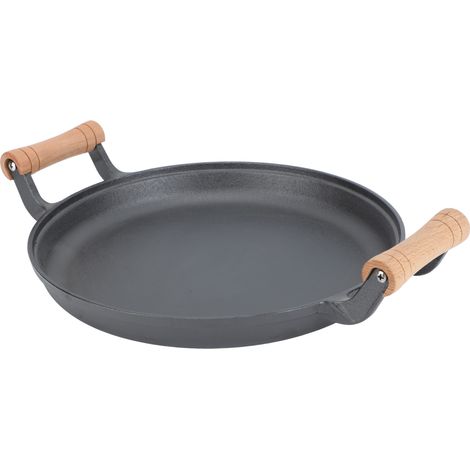 Poêle à griller ronde en fonte avec double poignée en bois, idéale pour les grillades et les barbecues (33 cm / 12,99 pouces). (1/5)