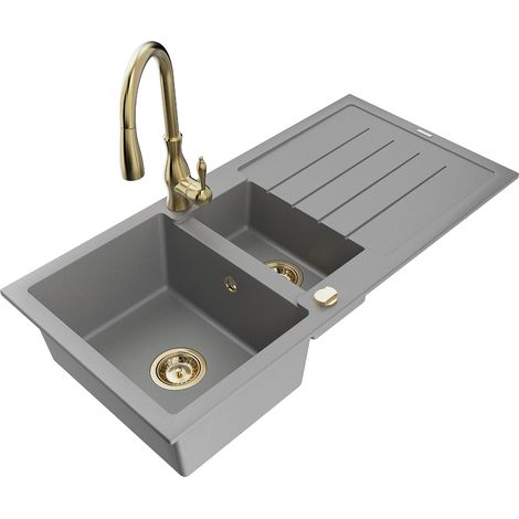 Mexen Andres 1,5-Becken-Granitspüle mit Abtropffläche und Mischbatterie Savita, Grau - 6515-71-672601-50 (1/5)