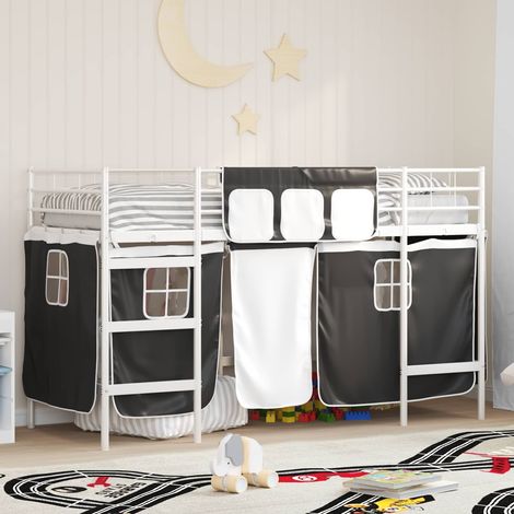 Kinder Loft Bettgestell mit Vorhängen Weiß und Schwarz