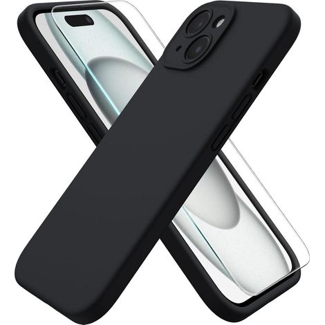 Hülle iPhone 15 Silikon Kameraschutz Schutzfolie Stoßfest Schwarz (1/5)