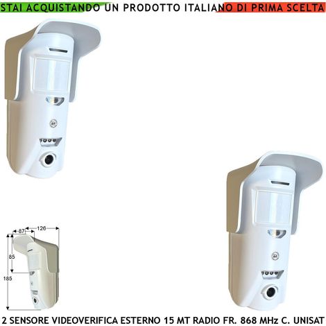 Doppia Tecnologia da Esterno 2 Pezzi Rileva Movimento 15 Metri Grandangolo o 25 MT Tenda Fotocamera Colori VGA 640X480 Pixel Videoverifica Wireless Freq. 868 MHz Bidirezionale Codice UNISAT Rete GPRS (1/5)