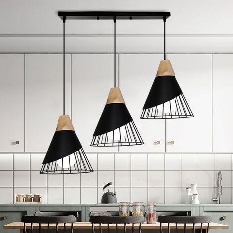 3 Luces E27 Lámpara Colgante Ø25cm, Industrial Lámpara de Techo con Forma de Bádminton, Lámpara de Interior de Metal y Madera para Cocina, Salón, Dormitorio, Color Negro (1/5)