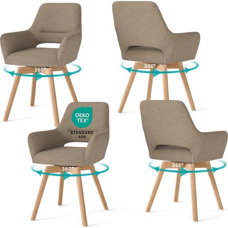 LEWE Lot de 4 chaises de salle à manger en chenille, fauteuil pivotantes à 360°, Chaise ergonomique avec accoudoirs, bois massif, Marron