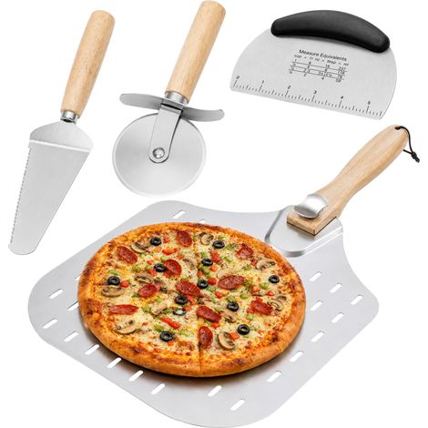 Set Pelle à Pizza Perforée 4 Pièces, 30 × 35 cm en Aluminium avec Manche en Bois Pliable, Coupe-Pizza, Coupe-Pâte Inox et Pelle à Gâteau, Accessoires Four à Pizza (1/5)