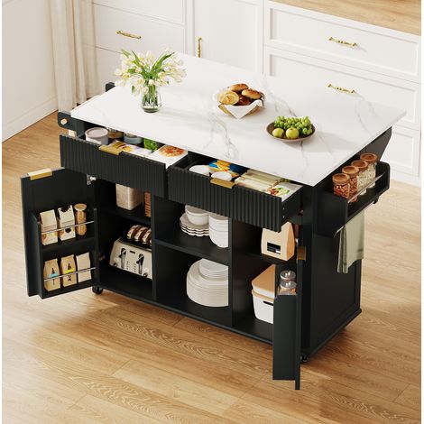 Isla de cocina con ruedas y encimera abatible, 2 cajones, negro (1/5)