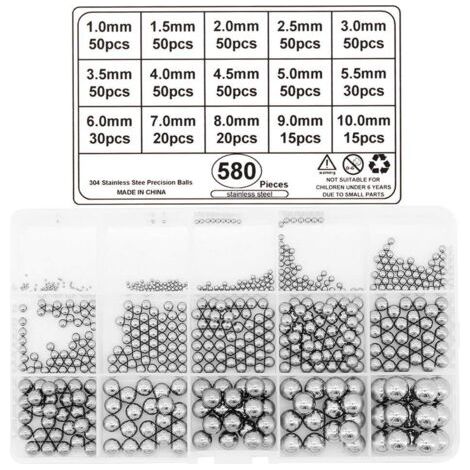 Billes en Acier, 580 Pcs Roulements à Billes en Acier Inoxydable 1mm-10mm Acier Inoxydable Billes Roulement (1/5)