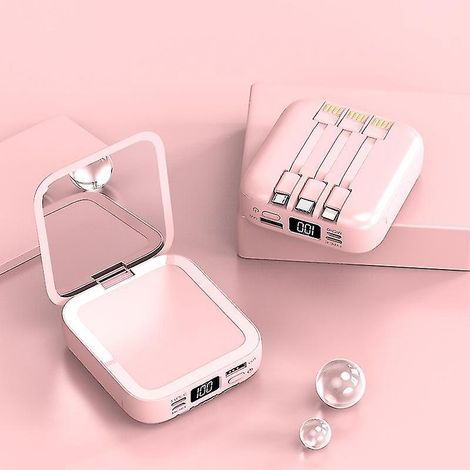 Mini batterie externe portable 20 000 mAh avec miroir de maquillage et écran LED, rose. (1/4)