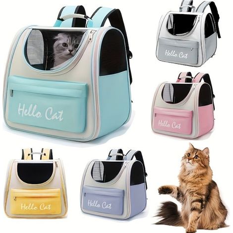 BelleRise - Sac à dos de transport pour animaux « Hello Cat » en nylon vert — Grande capacité, pliable et portable (1/4)