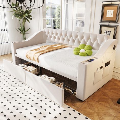 , Canapé-lit capitonné 90x190cm, accoudoirs plus larges et plus épais avec port de chargement USB, rangements intégrés dans les accoudoirs, poches de rangement, tiroir de rangement... (1/5)