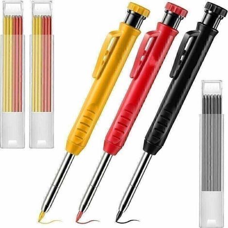 Paquet de 3 Crayons de Menuisier Solide avec 21 Recharges, Crayon Mécanique à Long Nez et Trou Profond Outil de Marquage avec Taille-Crayon Intégré pour Charpentier Cadeau (1/5)