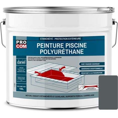 Procom – Peinture piscine béton polyuréthane 10L – Étanche et souple – Gris foncé (RAL 7012) – Haute adhérence sur ciment et béton