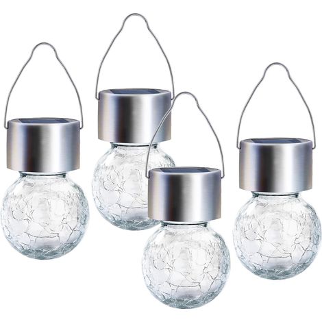 Juego de 4 lámparas colgantes solares con forma de bola craquelada para jardín, patio o césped (luz variable). (1/4)