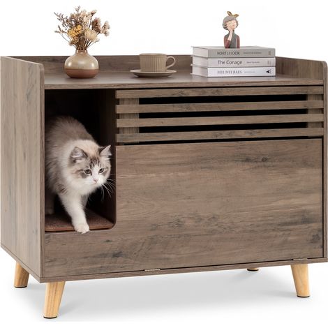 Meuble Litiere Chat à Porte Rabattable, Griffoir, Compartiment Caché, Garde-Corps et Panneau Ventilé, pour Salon&Couloir, 80x46x65cm (1/5)