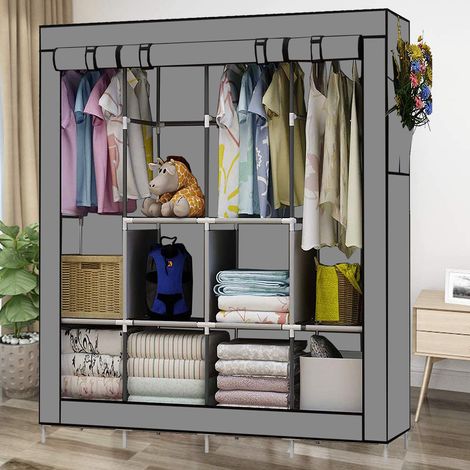 Armoire portable 67 pouces, étagère de rangement pour vêtements, 12 niveaux, 4 poches latérales, grise, structure en acier, dressing pliable, organisateur de penderie, rangement pratique pour chambre.