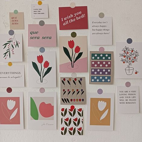 Déco murale chambre tulipes style ins, cartes artistiques et fraîches, lot de 17 pour dortoir et fond mural (1/4)