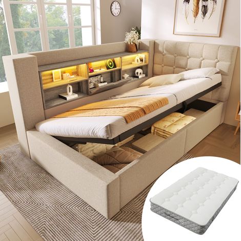 Letto imbottito 90x200 cm beige con LED, spazio contenitore, testiera L e materasso (1/5)