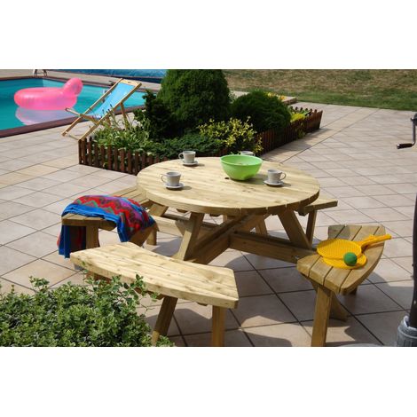 Tavolo tondo con panche in legno di pino massello autoclavato 110x186xH68 cm LASA (1/4)