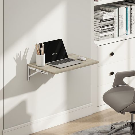 Table pliante murale, 60 x 40 cm, bureau suspendu gain de place aux angles arrondis, pour bureau, salon, chambre, cuisine, chêne (1/5)
